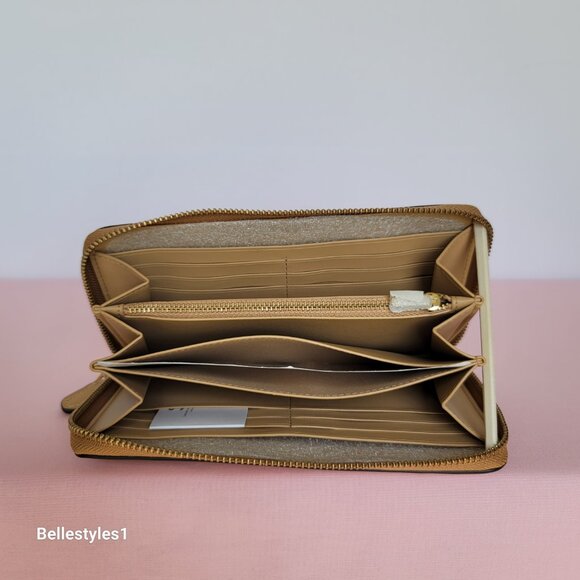 COACH Smooth Leather Zip-Around Accordion Wallet with Back-Slip Pocket-Tan color - Picture 14 of 16